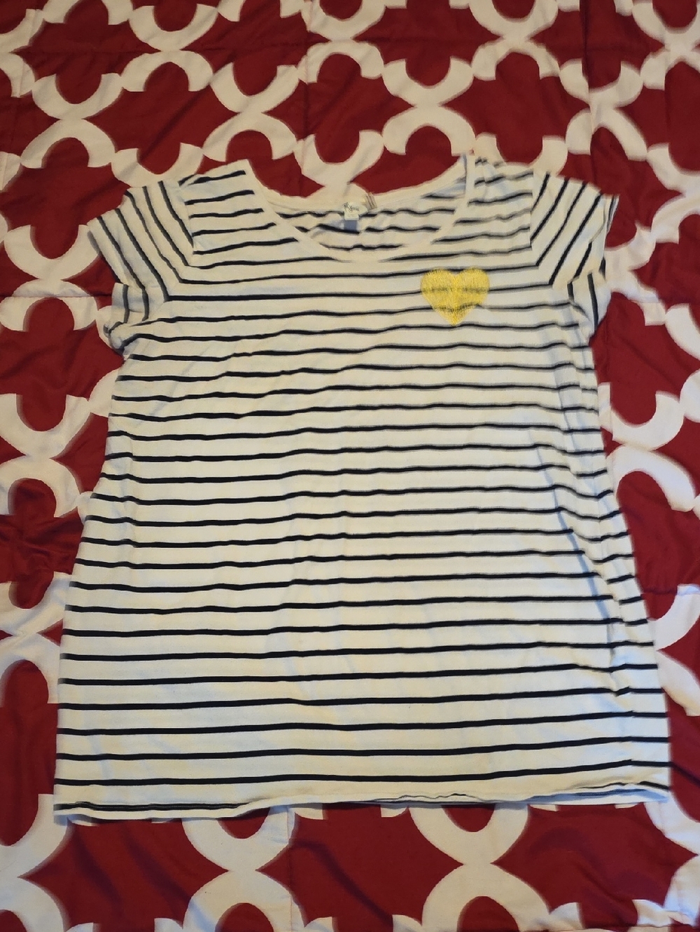 TYME White Tee with Navy Stripes and Yellow Heart Patch